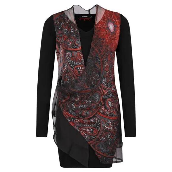 Desigual Black Red Paisley Scarf Overlay Bernard Long Sleeve Mini Dress Size S - Picture 2 of 6